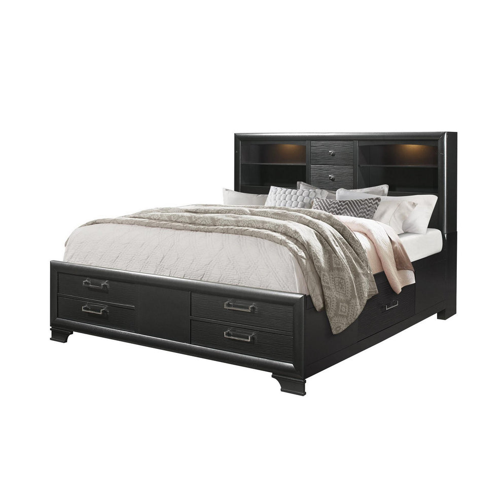 Grey Rubberwood Bed With Bookshelves Headboard Led Lightning 6 Drawers By Homeroots - 383798 | Beds | Modishstore - 3
