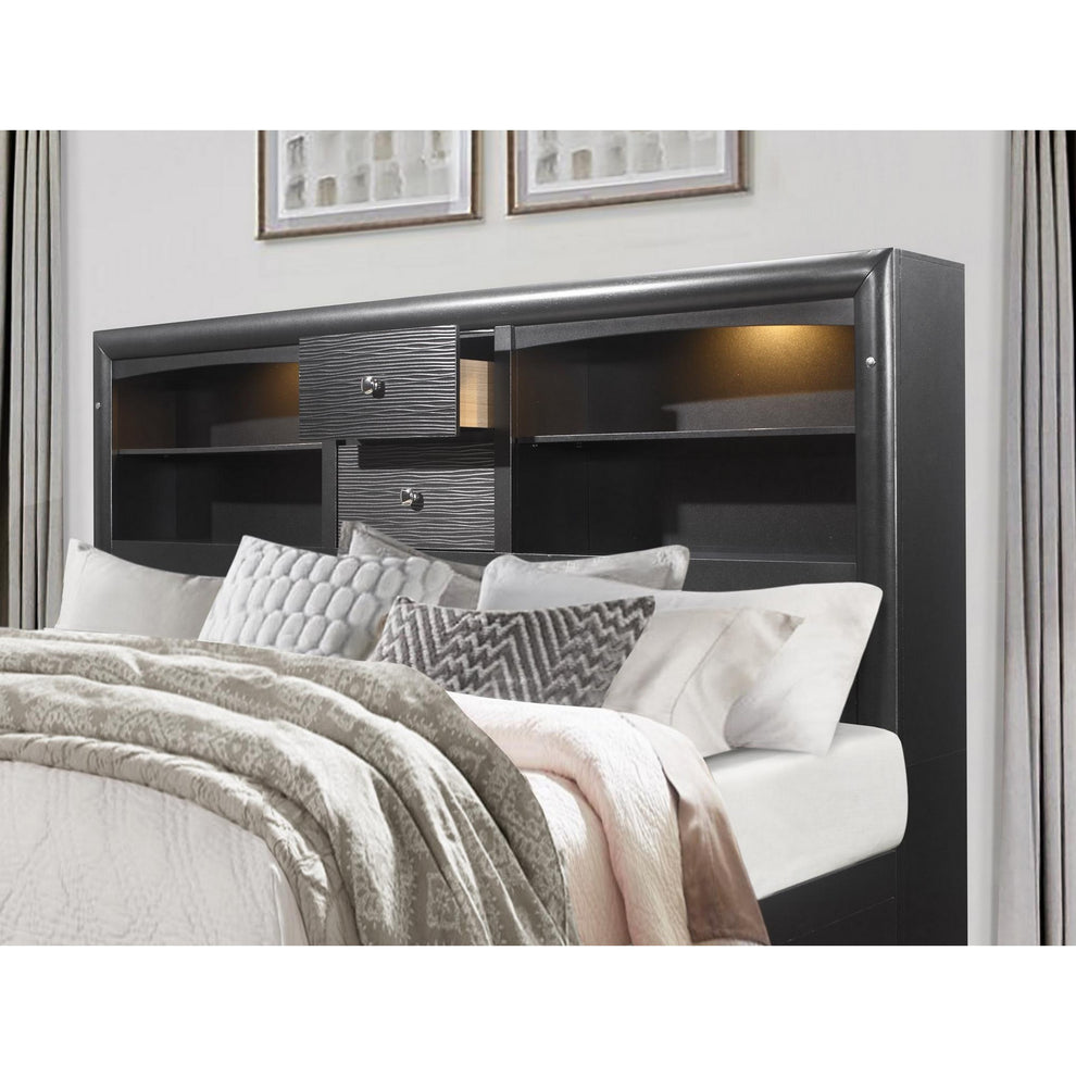 Grey Rubberwood Bed With Bookshelves Headboard Led Lightning 6 Drawers By Homeroots - 383798 | Beds | Modishstore - 4