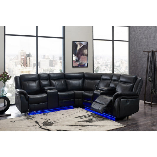 Power reclining Sectional Sofa in Black Leather Air By Homeroots