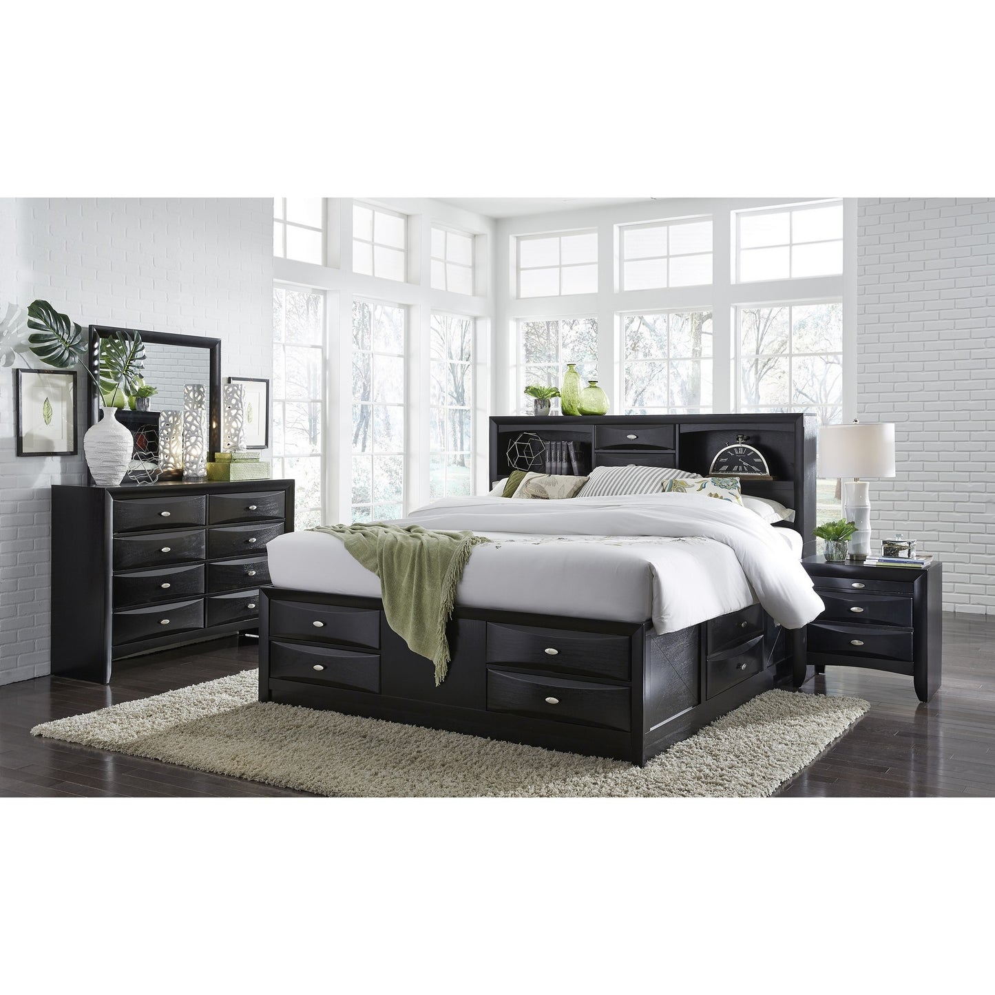 Black Veneer King Bed With Bookcase Headboard 10 Drawers By Homeroots | Beds | Modishstore - 3