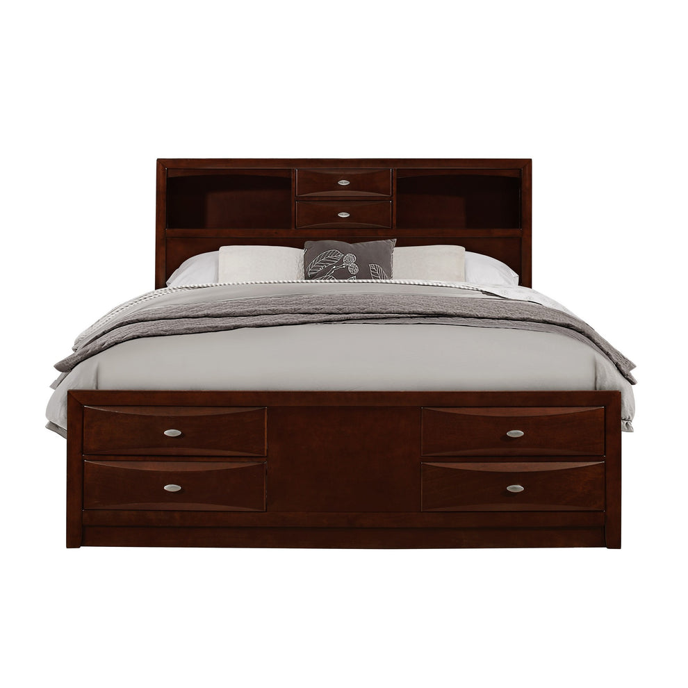 New Merlot Veneer King Bed With Bookcase Headboard 10 Drawers By Homeroots | Beds | Modishstore - 2