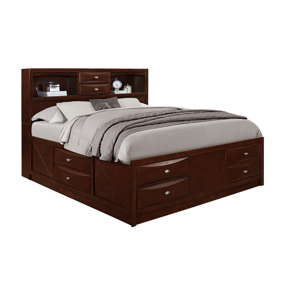 New Merlot Veneer King Bed With Bookcase Headboard 10 Drawers By Homeroots | Beds | Modishstore - 3
