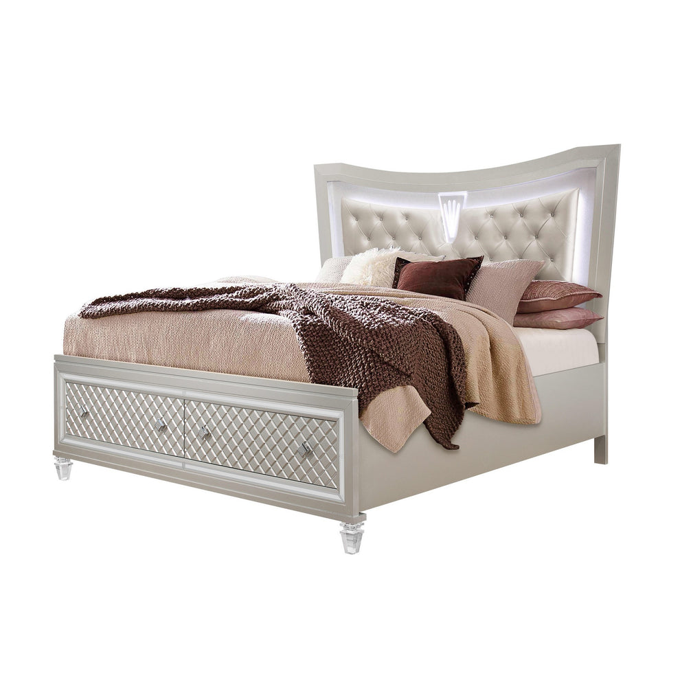 Champagne Tone Queen Bed With Padded Headboard Led Lightning 2 Drawer By Homeroots | Beds | Modishstore - 3