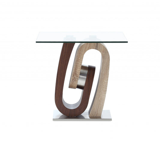 Oak and Walnut Ultra modern End Table with Glass top By Homeroots