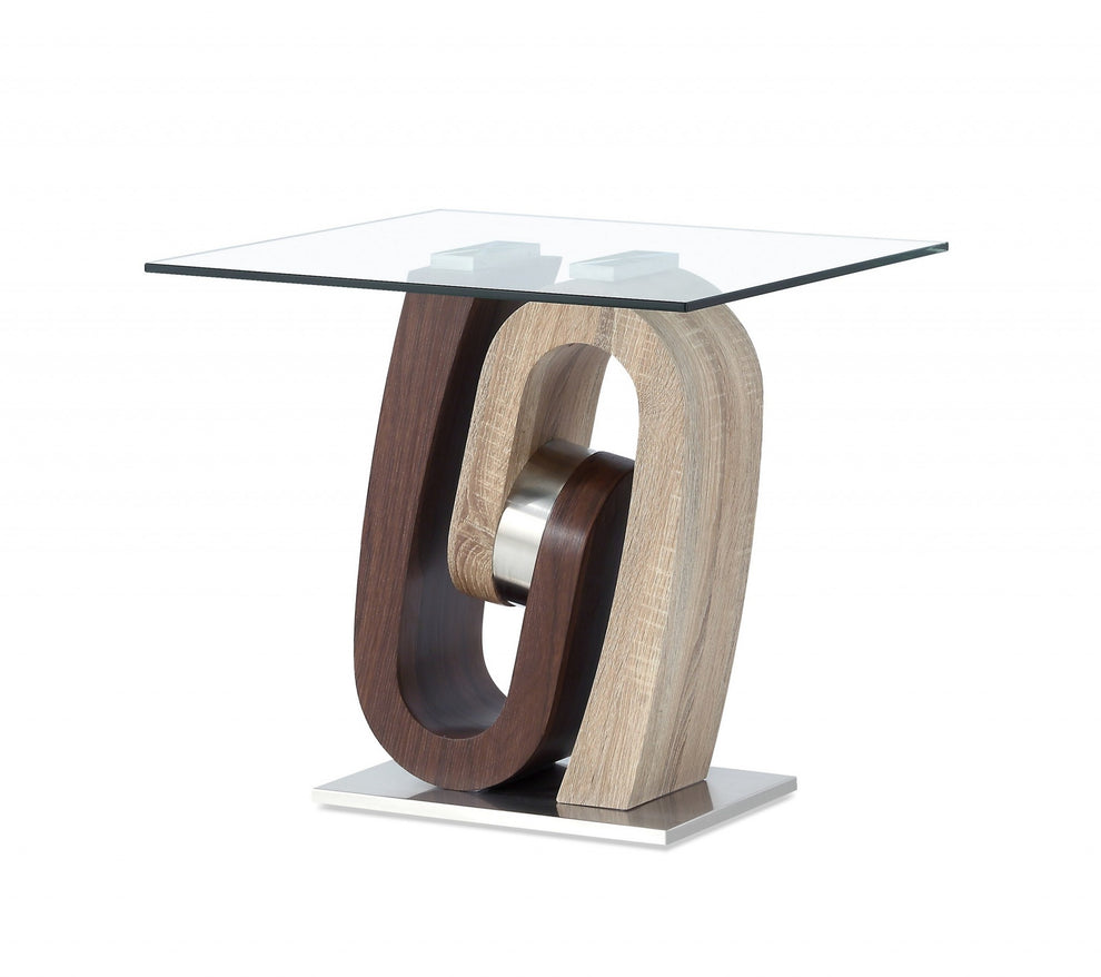 Oak and Walnut Ultra modern End Table with Glass top By Homeroots | End Tables | Modishstore - 2