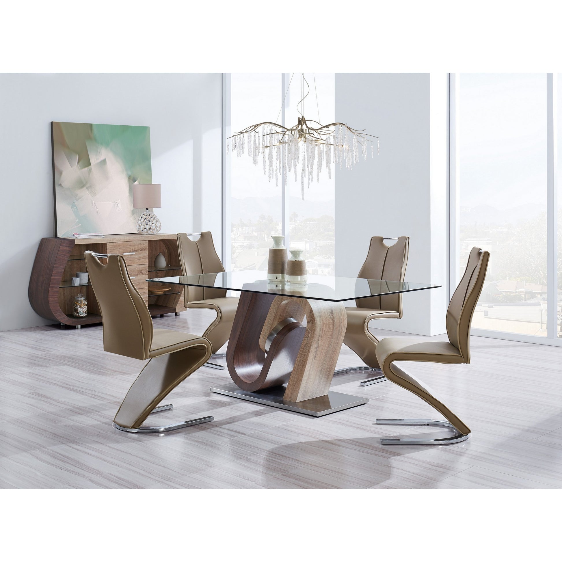 Oak And Walnut Two Toned Geometrical Base With Glass Top Dining Table By Homeroots | Dining Tables | Modishstore