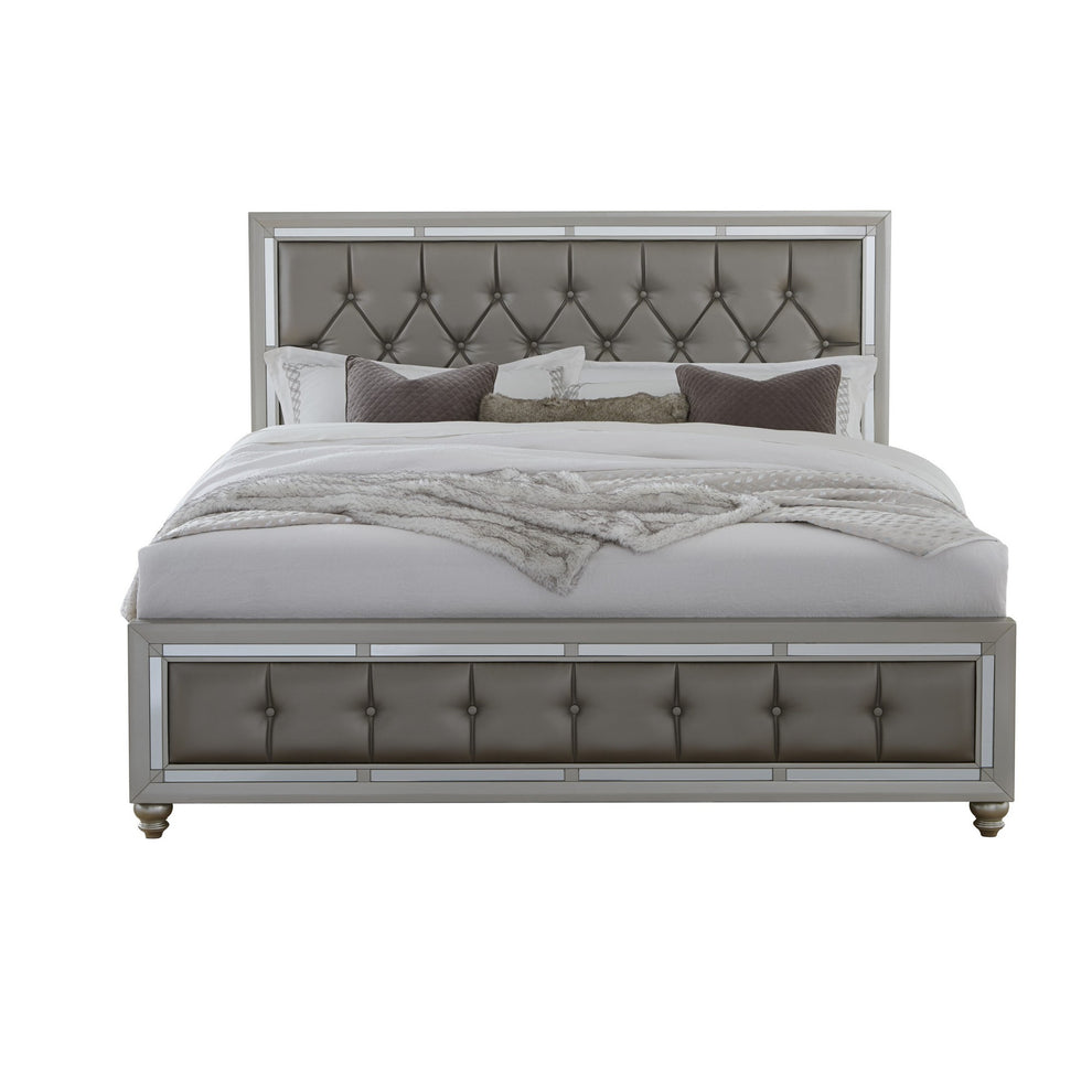 Silver Champagne Tone Full Bed Padded Headboard Padded Footboard Mirror Trim Accents By Homeroots | Beds | Modishstore - 2