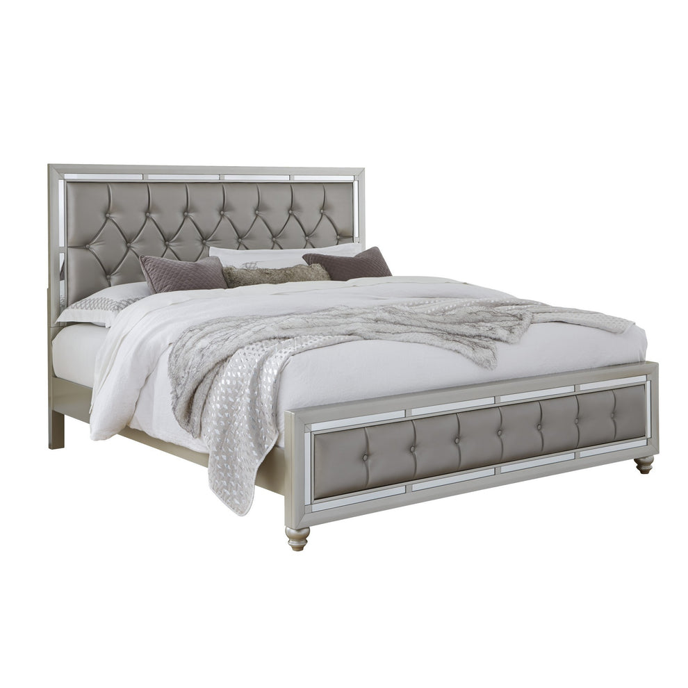 Silver Champagne Tone Full Bed Padded Headboard Padded Footboard Mirror Trim Accents By Homeroots | Beds | Modishstore - 3