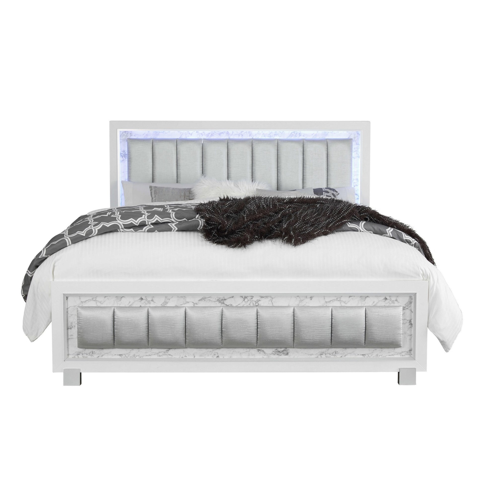 Modern Luxurious White Full Bed With Padded Headboard Led Lightning By Homeroots | Beds | Modishstore