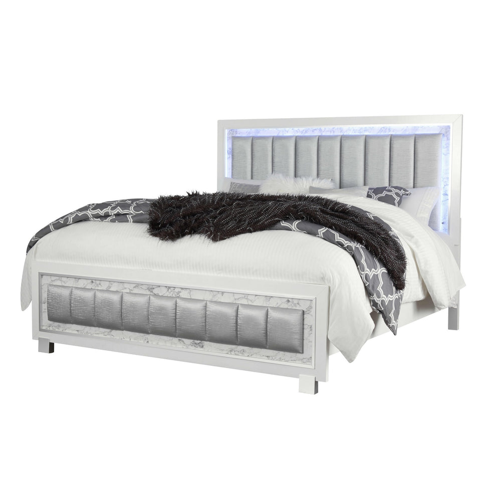 Modern Luxurious White Queen Bed With Padded Headboard Led Lightning By Homeroots | Beds | Modishstore - 3