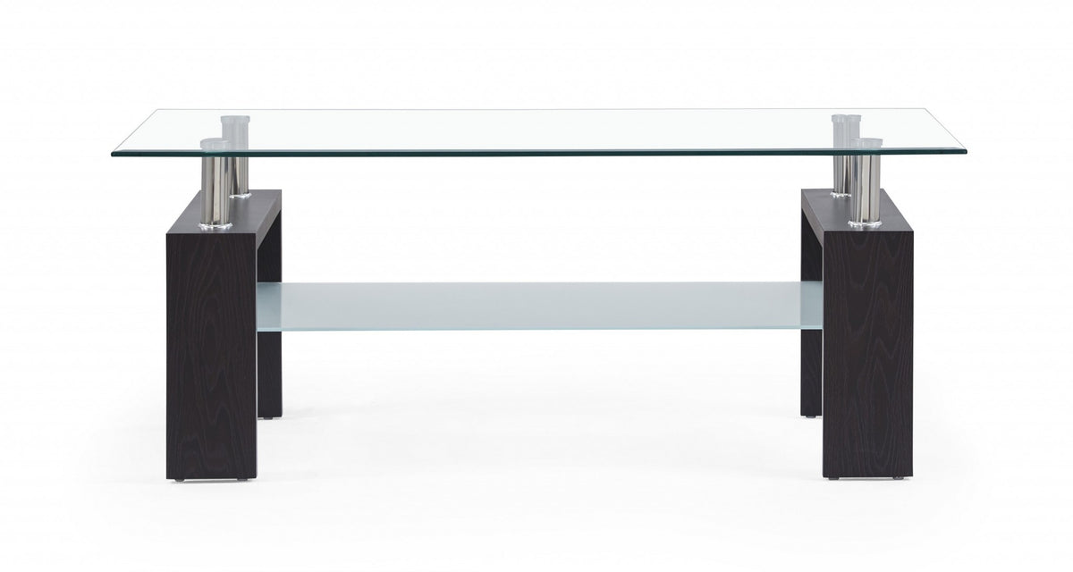 Dark Walnut legs Coffee Table with Rectangular Clear Glass Top By Homeroots | Coffee Tables | Modishstore
