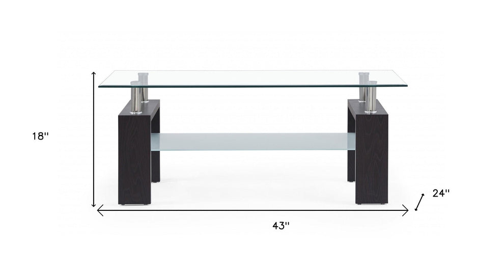 Dark Walnut legs Coffee Table with Rectangular Clear Glass Top By Homeroots | Coffee Tables | Modishstore - 4