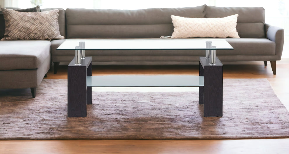 Dark Walnut legs Coffee Table with Rectangular Clear Glass Top By Homeroots | Coffee Tables | Modishstore - 2
