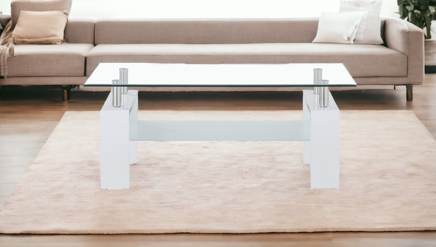 White glossy leg Coffee Table with Rectangular Clear Glass Top By Homeroots