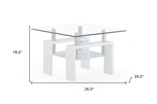 White glossy leg End Table with Rectangular Clear Glass Top By Homeroots | End Tables | Modishstore