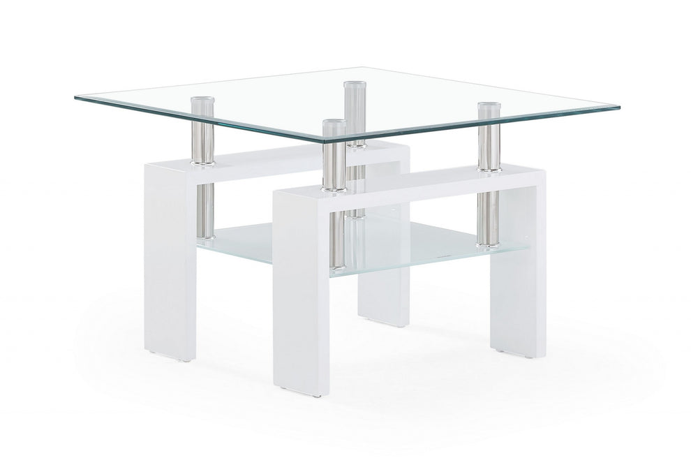 White glossy leg End Table with Rectangular Clear Glass Top By Homeroots | End Tables | Modishstore - 3