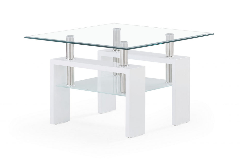 White glossy leg End Table with Rectangular Clear Glass Top By Homeroots | End Tables | Modishstore - 2