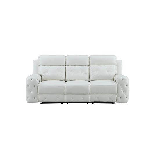 White Leather Gel Cover Power Reclining Sofa In Plushily Padded Seats Jewel Embellished Tufted Design Along With Recessed Arm By Homeroots