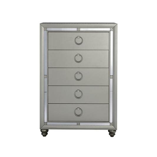 Silver Champagne Tone Chest With Mirror Trim Accent 5 Drawers By Homeroots