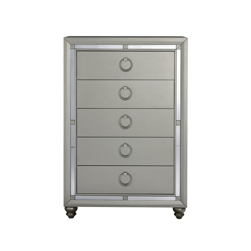 Silver Champagne Tone Chest With Mirror Trim Accent 5 Drawers By Homeroots | Dressers | Modishstore