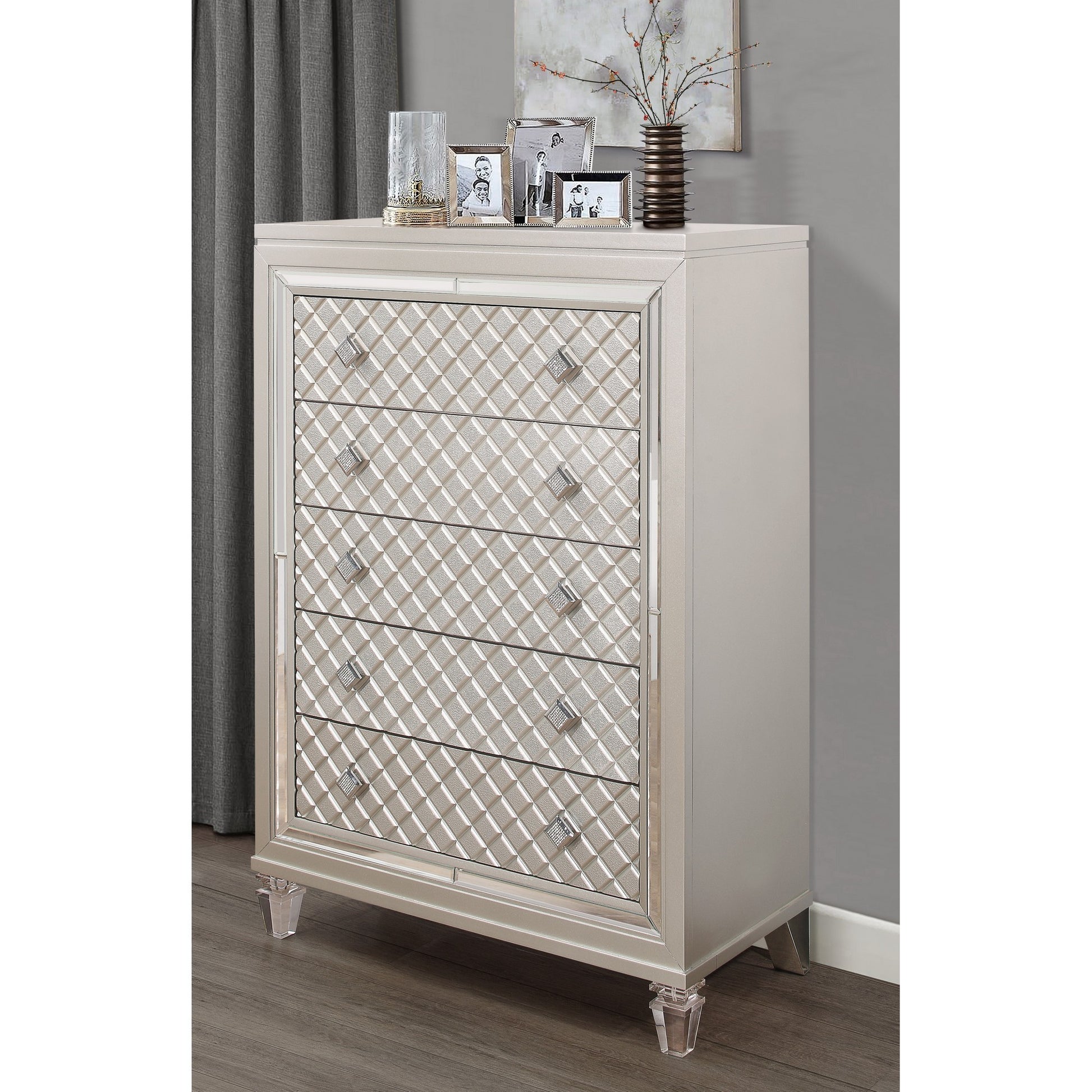 Champagne Toned Chest With Tapered Acrylic Legs And 5 Drawers By Homeroots | Dressers | Modishstore - 3