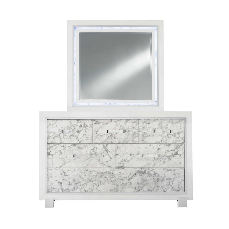 Modern White Mirror with Faux Marble Border Detail LED Lightning By Homeroots | Mirrors | Modishstore