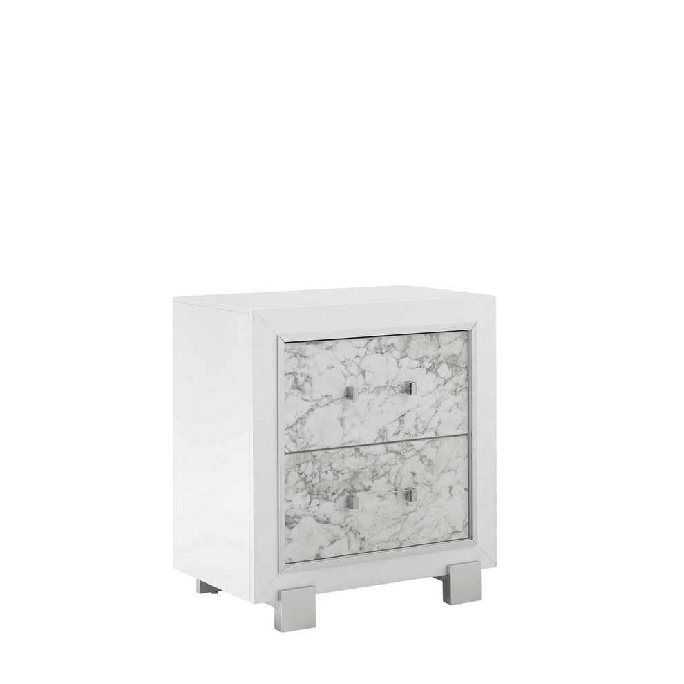 Modern White Nightstand With 2 Faux Marble Detailed Front Drawer. By Homeroots | Nightstands | Modishstore - 3
