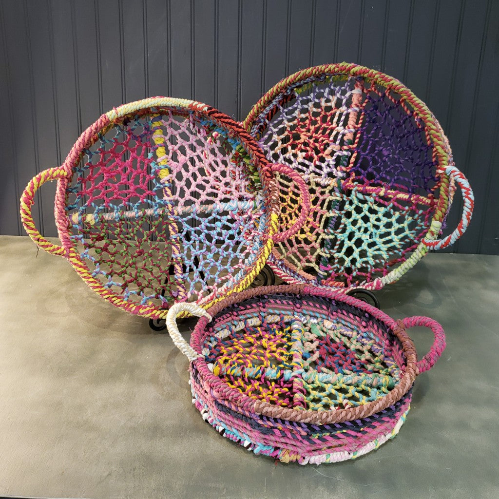 Handmade Set Of 3 Rainbow Round Nesting Jute Trays By Homeroots | Decorative Trays & Dishes | Modishstore - 3
