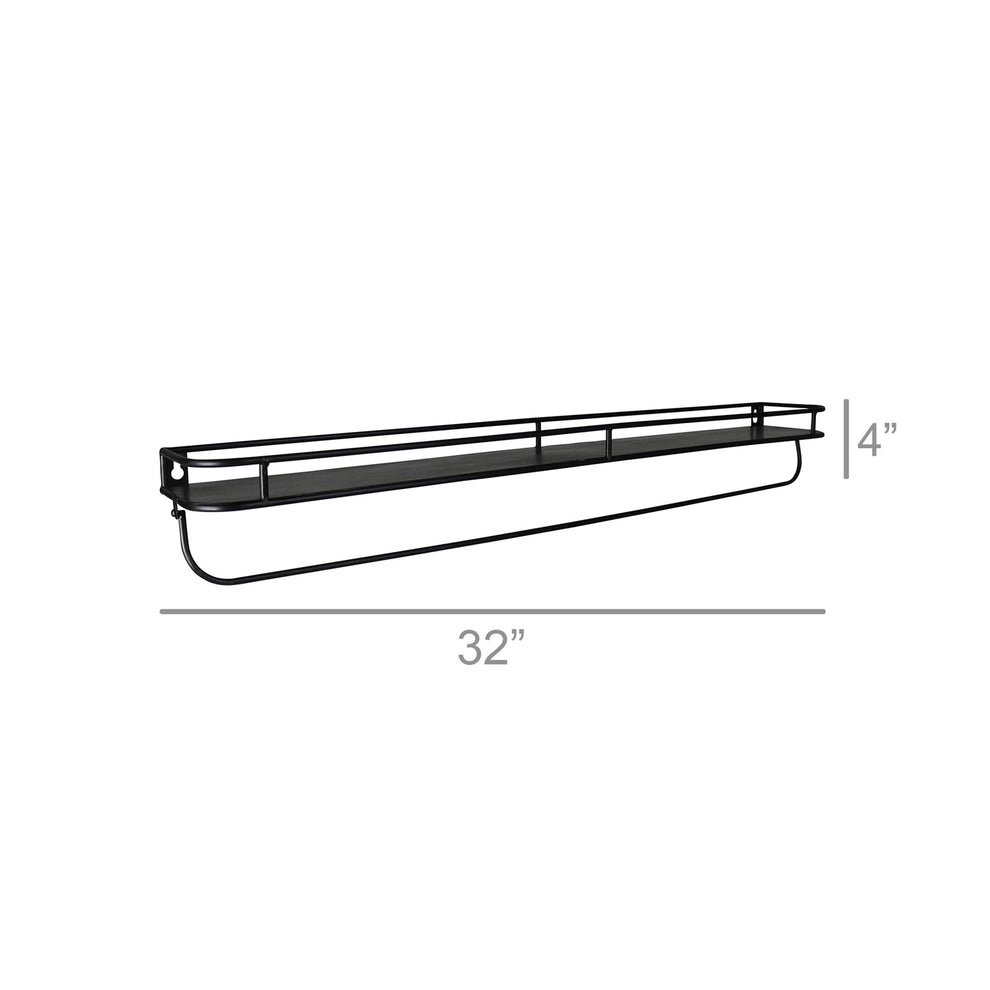 32" Black Rectangular Wall Mounted Iron Shelf with Hanging Bar By Homeroots | Shelves & Shelving Units | Modishstore - 3