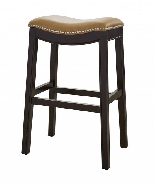 30" Espresso and Carmel Saddle Style Counter Height Bar Stool By Homeroots