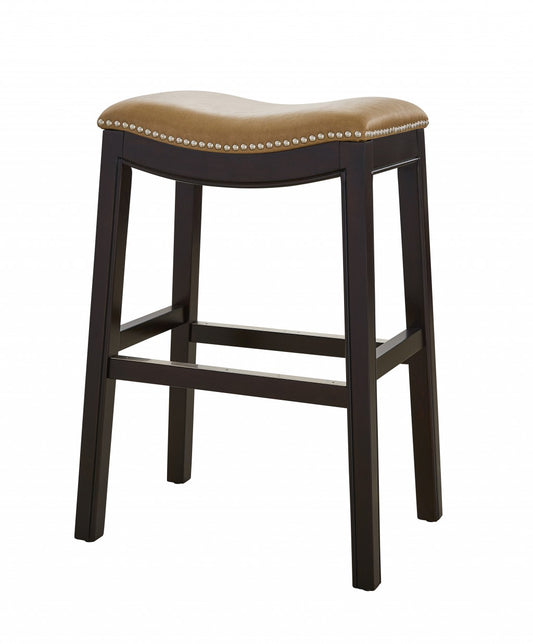 25" Espresso and Carmel Saddle Style Counter Height Bar Stool By Homeroots