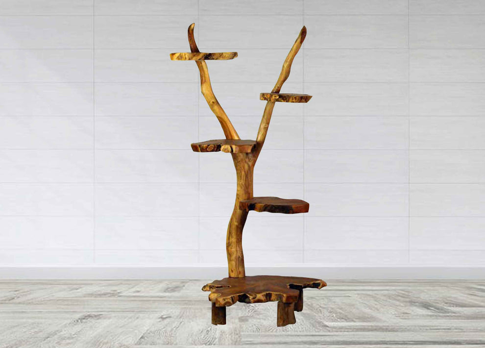 Live edge teak wood shelving unit made from aged organic wood as recycled repurposed display unit-13
