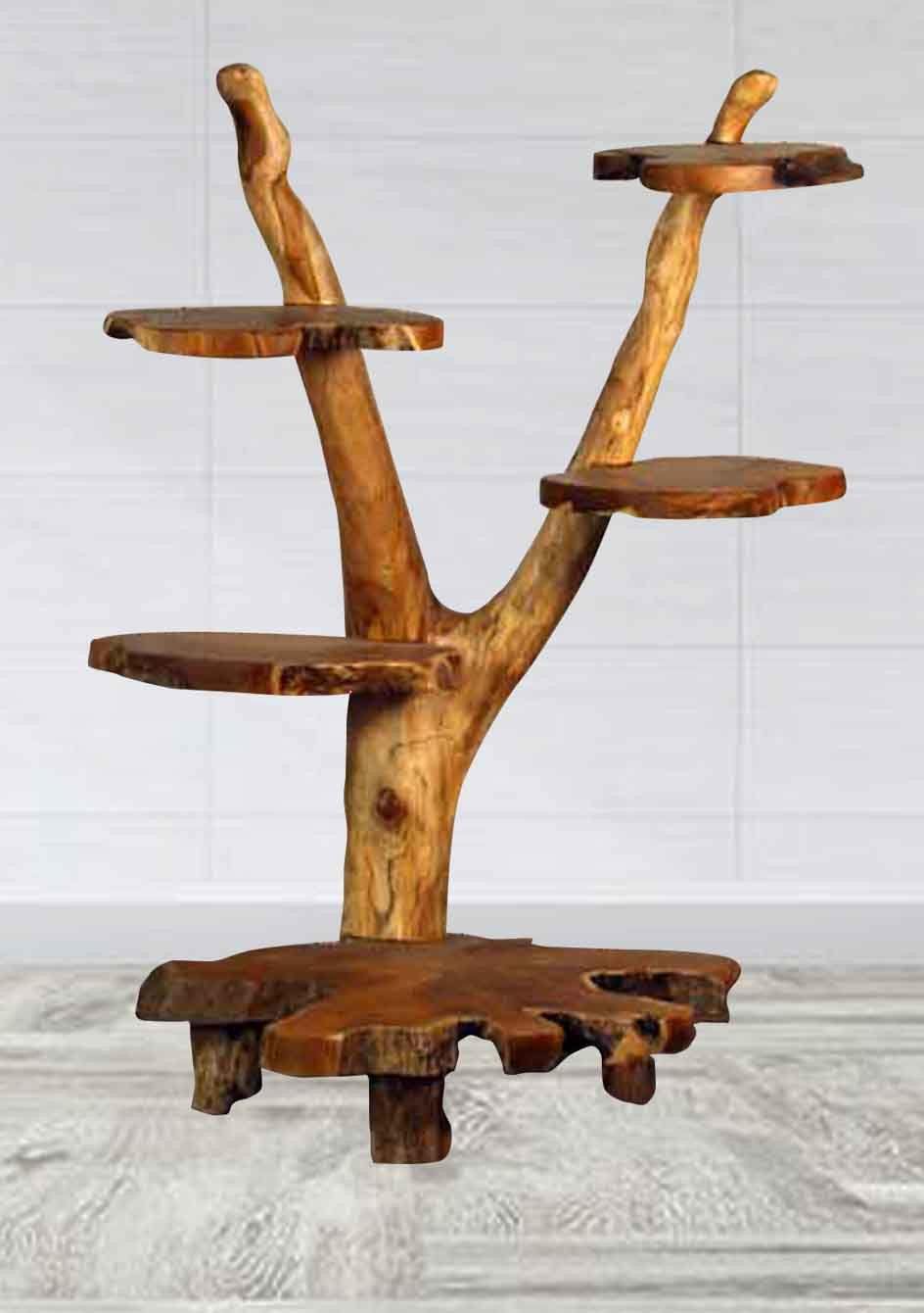 Live edge teak wood shelving unit made from aged organic wood as recycled repurposed display unit-14