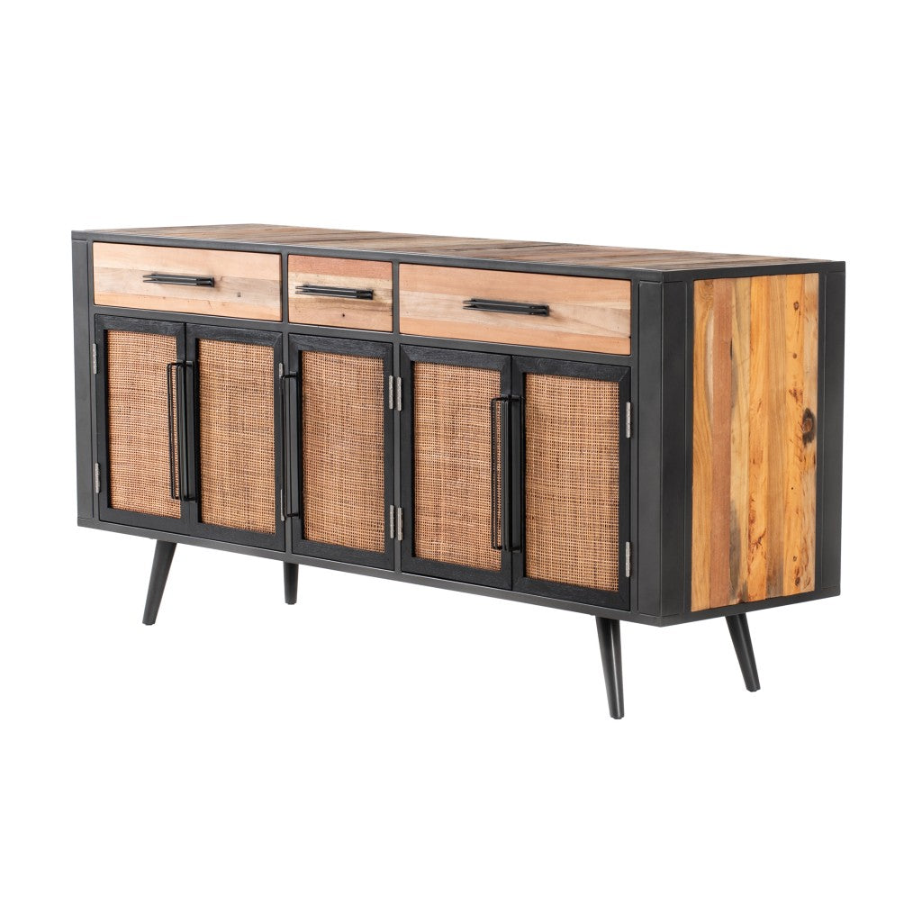 71" Modern Rustic Black Natural And Rattan Buffet Server By Homeroots | Sideboards | Modishstore - 3