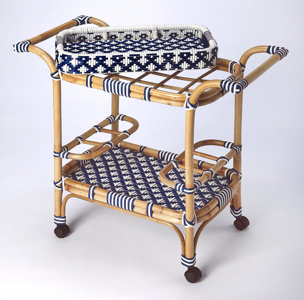 Blue And White Rattan Bar Cart By Homeroots | Bar Carts | Modishstore - 2