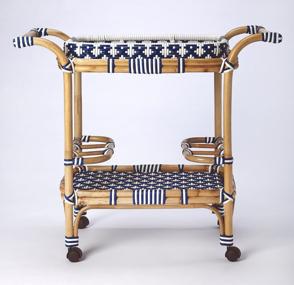 Blue And White Rattan Bar Cart By Homeroots | Bar Carts | Modishstore - 3