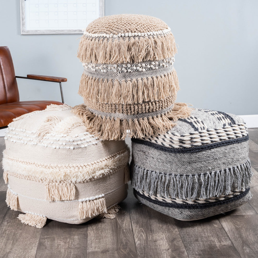 Boho Square Black and Gray Pouf Ottoman By Homeroots | Ottomans | Modishstore - 6