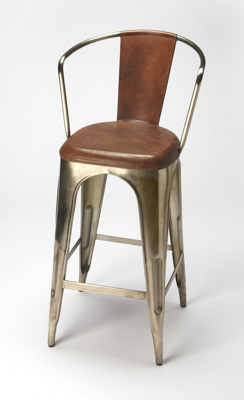 Brown Leather And Iron Bar Stool By Homeroots - 389035 | Bar Stools | Modishstore