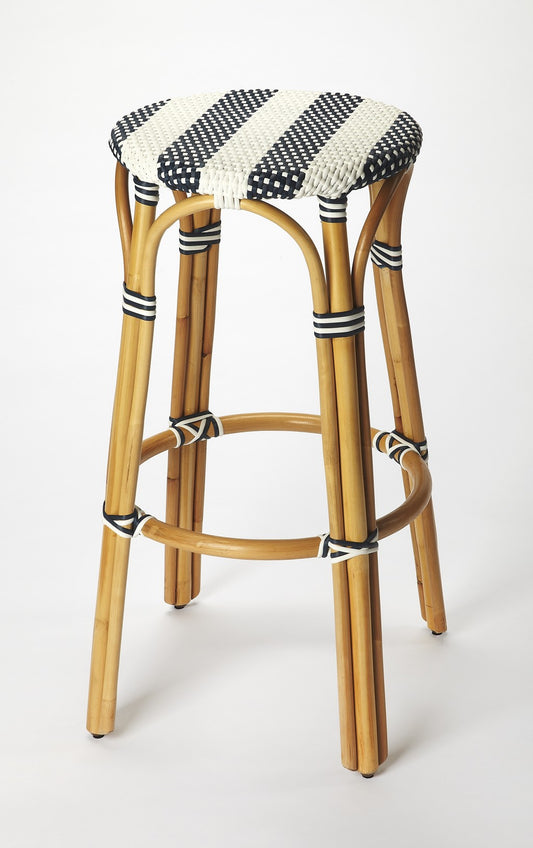 Navy Blue And White Rattan Bar Stool By Homeroots | Bar Stools | Modishstore