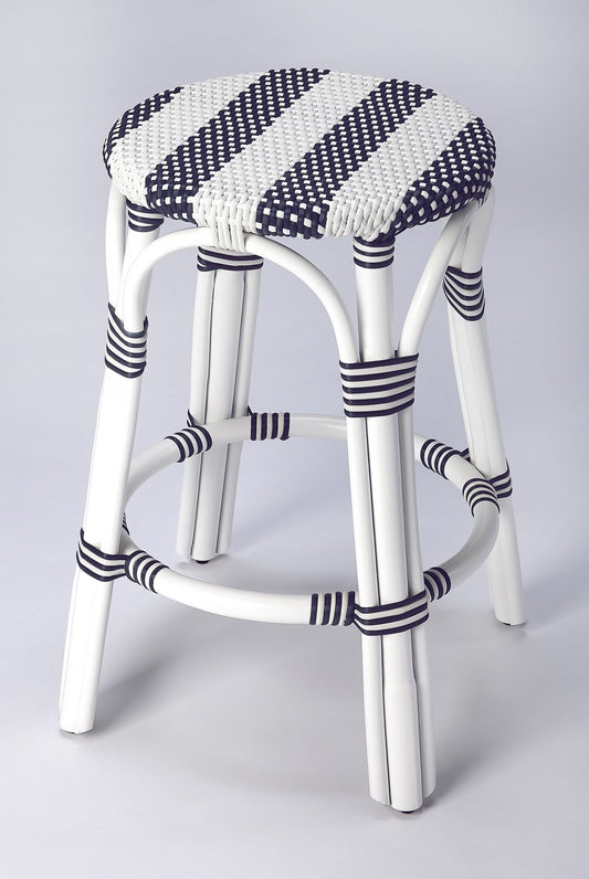 Classic White And Navy Blue Rattan Counter Stool By Homeroots | Counter Stools | Modishstore