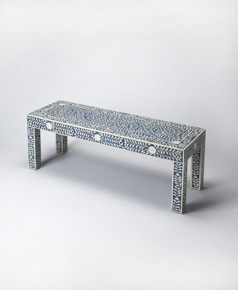 Blue and Ivory Bone Inlay Bench By Homeroots | Benches | Modishstore