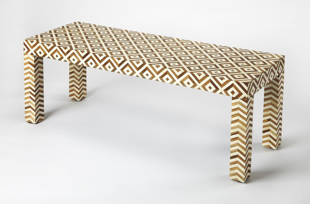 Geo and Chevron Teak and Bone Inlay Bench By Homeroots | Benches | Modishstore
