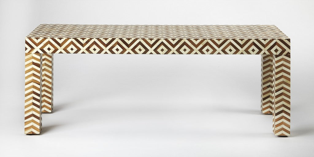 Geo and Chevron Teak and Bone Inlay Bench By Homeroots | Benches | Modishstore - 2
