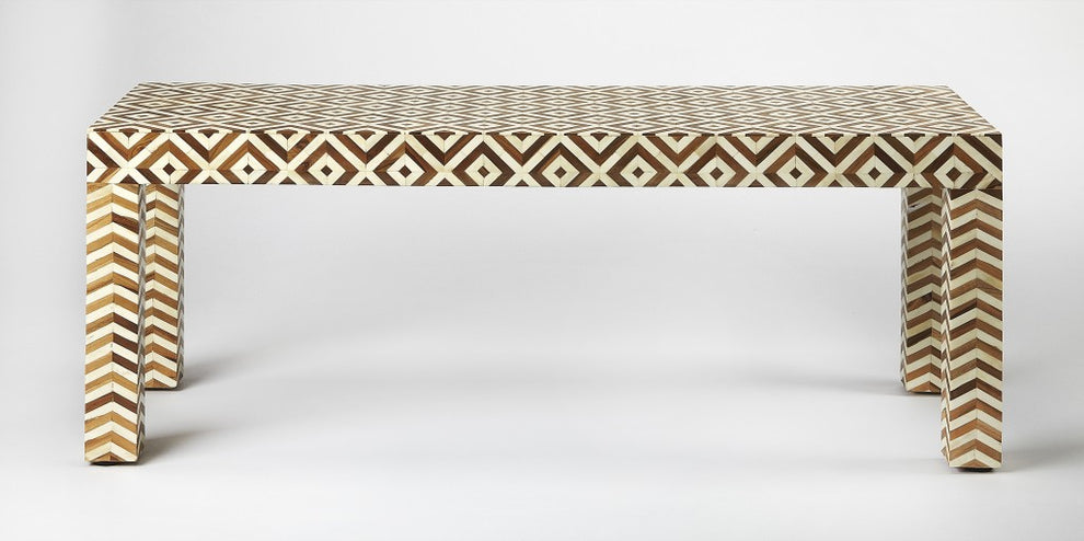 Geo and Chevron Teak and Bone Inlay Bench By Homeroots | Benches | Modishstore - 2