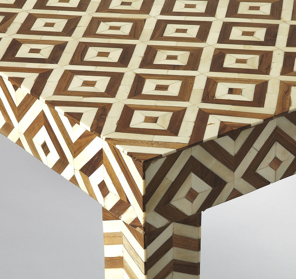 Geo and Chevron Teak and Bone Inlay Bench By Homeroots | Benches | Modishstore - 3