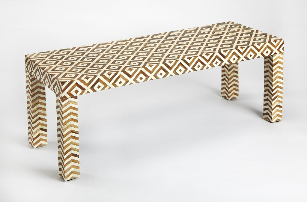 Geo and Chevron Teak and Bone Inlay Bench By Homeroots | Benches | Modishstore - 4
