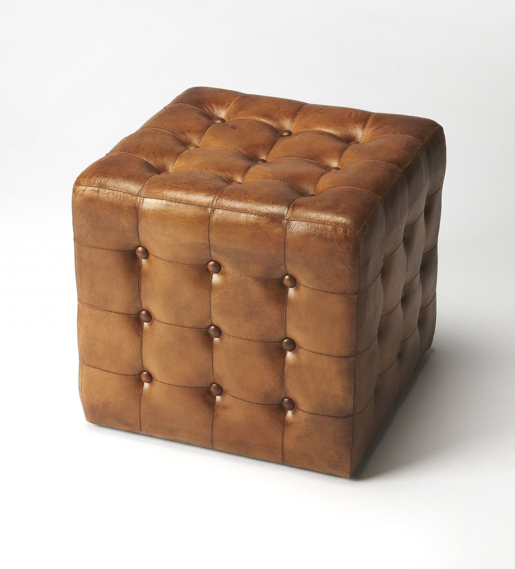 Stately Brown Leather Tufted Ottoman By Homeroots | Ottomans | Modishstore