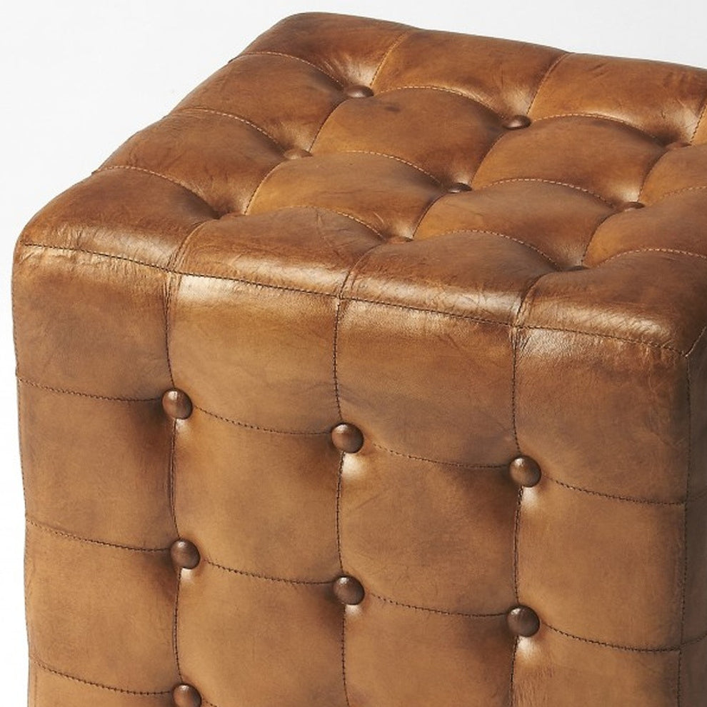 Stately Brown Leather Tufted Ottoman By Homeroots | Ottomans | Modishstore - 3