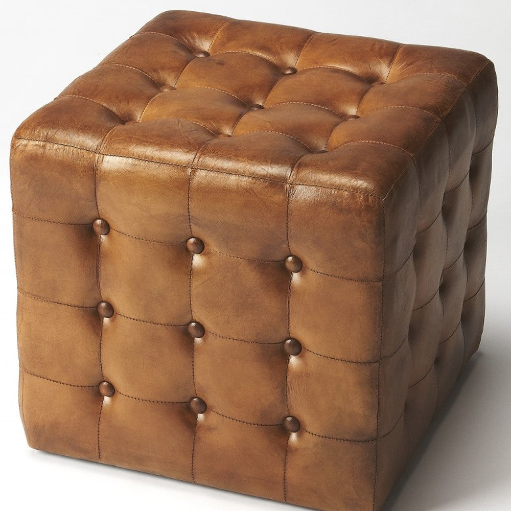 Stately Brown Leather Tufted Ottoman By Homeroots | Ottomans | Modishstore - 4