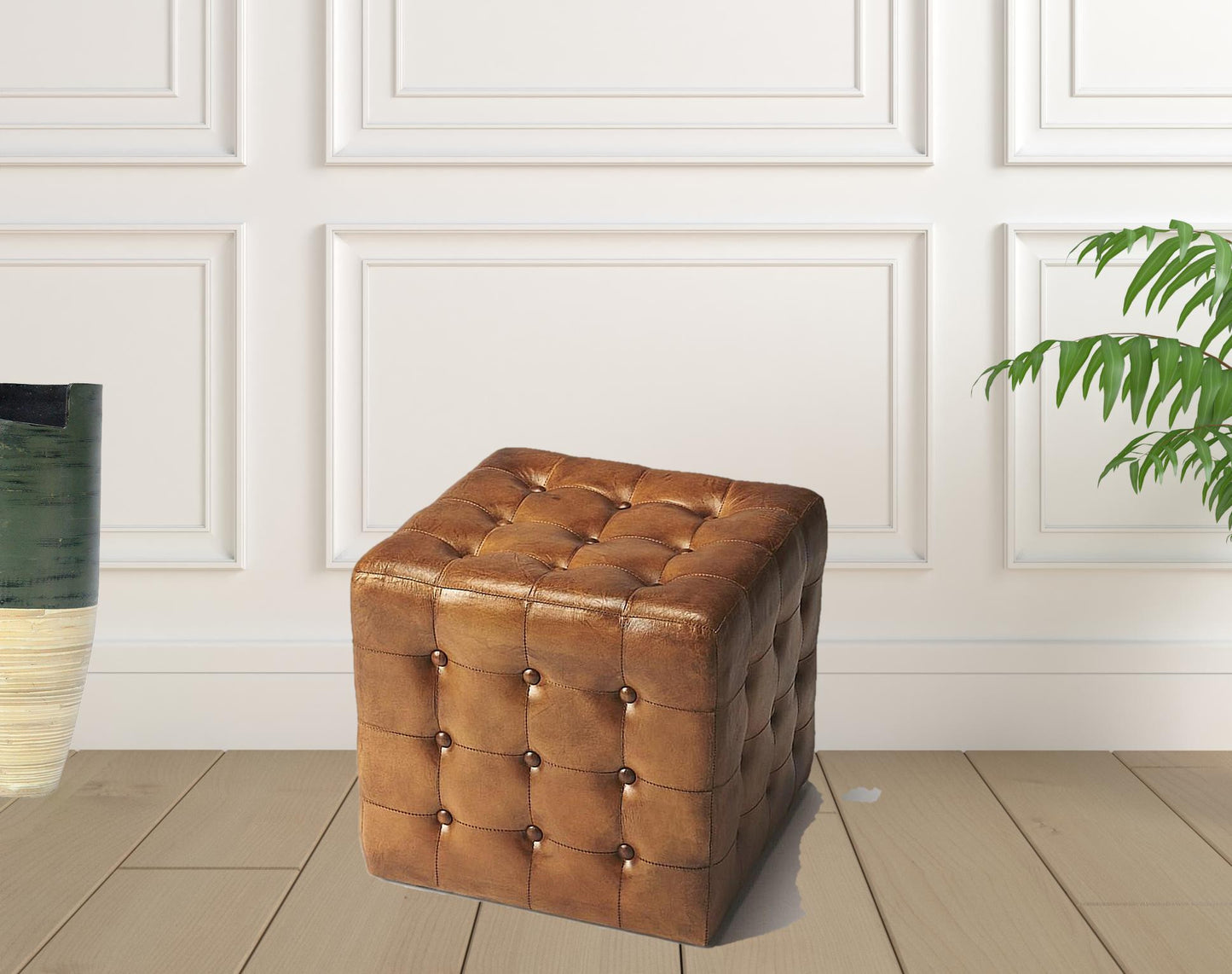 Stately Brown Leather Tufted Ottoman By Homeroots